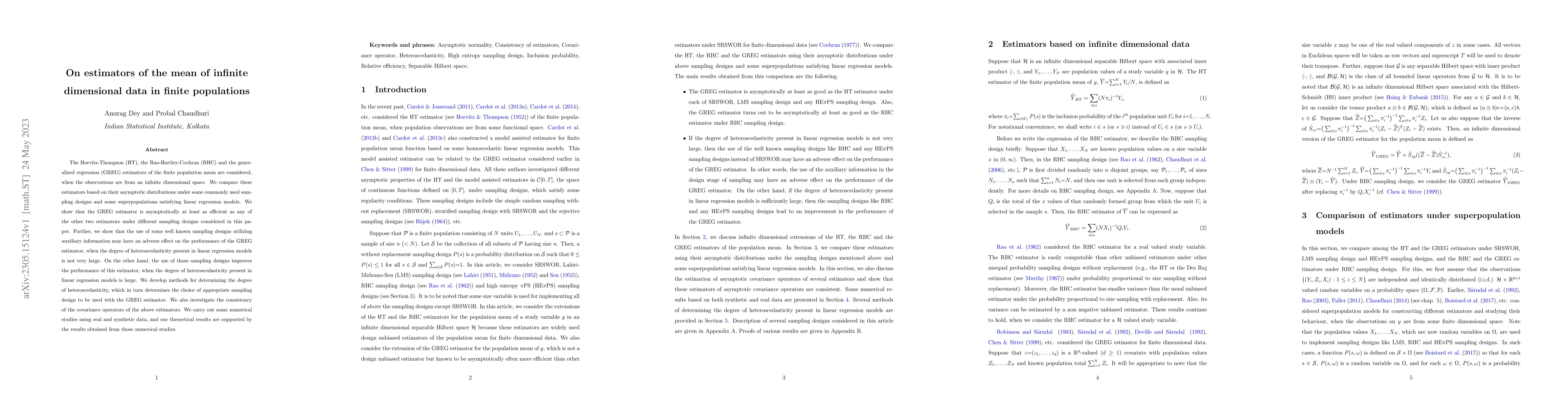 Thumbnail for On estimators of the mean of infinite dimensional data in finite
  populations