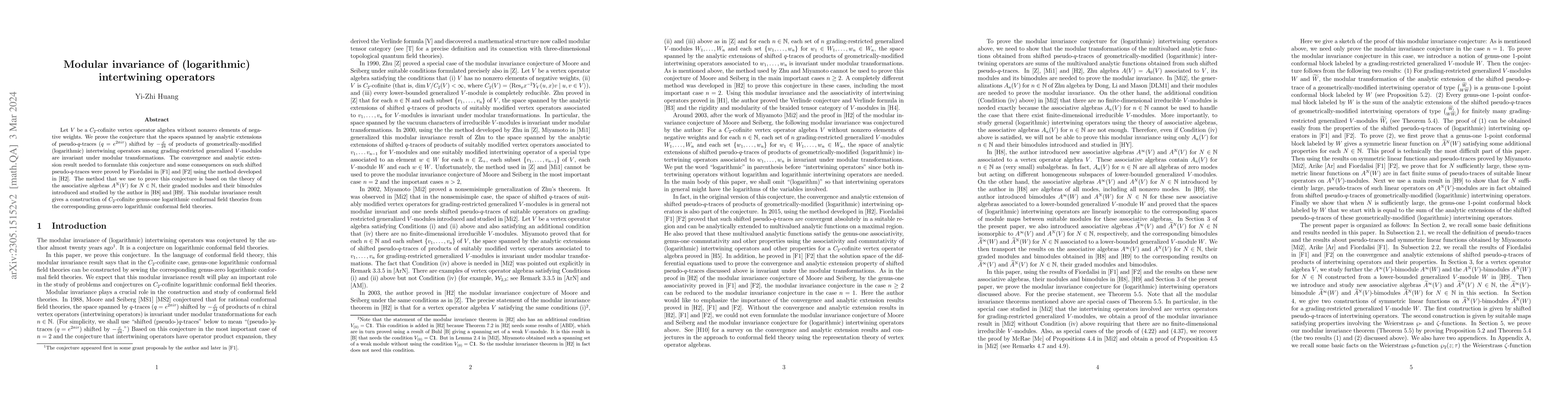 Thumbnail for Modular invariance of (logarithmic) intertwining operators