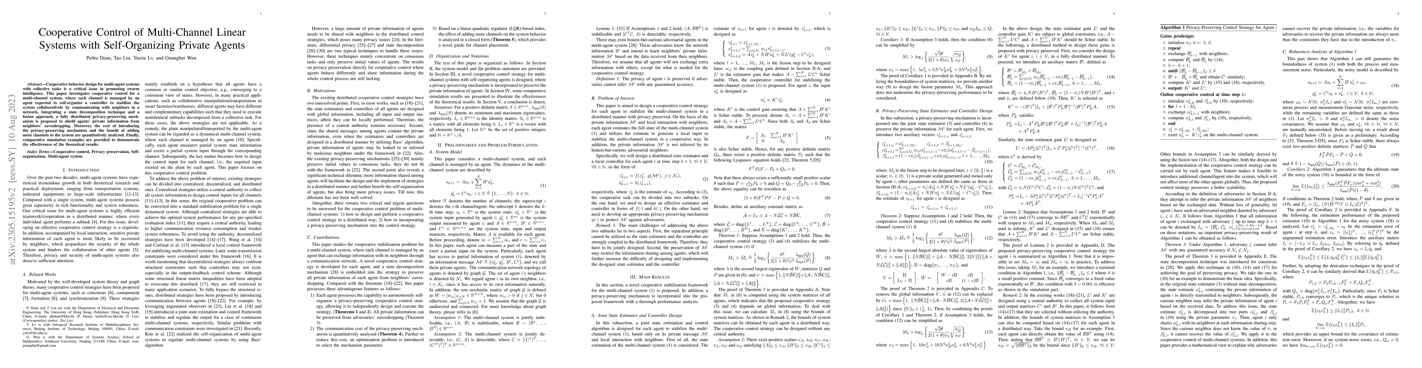 Thumbnail for Cooperative Control of Multi-Channel Linear Systems with Self-Organizing
  Private Agents