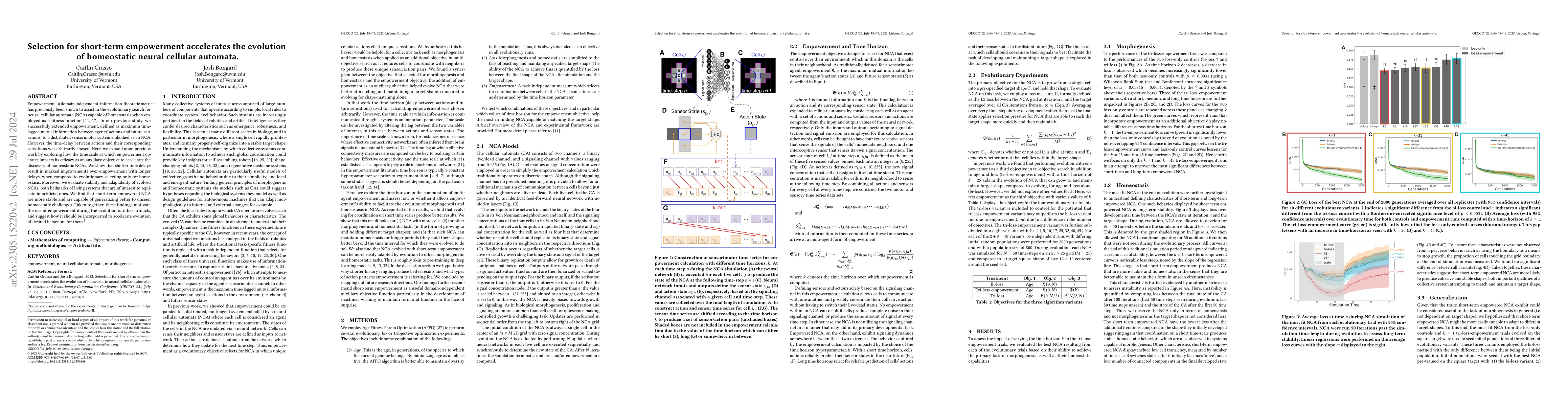 Thumbnail for Selection for short-term empowerment accelerates the evolution of
  homeostatic neural cellular automata
