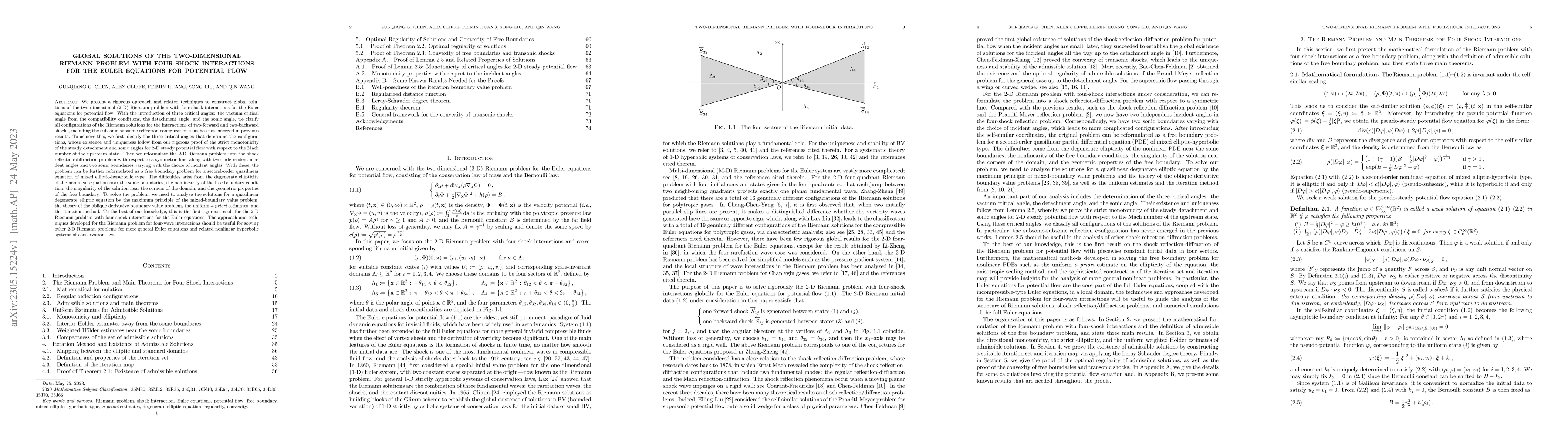 Thumbnail for Global Solutions of the Two-Dimensional Riemann Problem with Four-Shock
  Interactions for the Euler Equations for Potential Flow