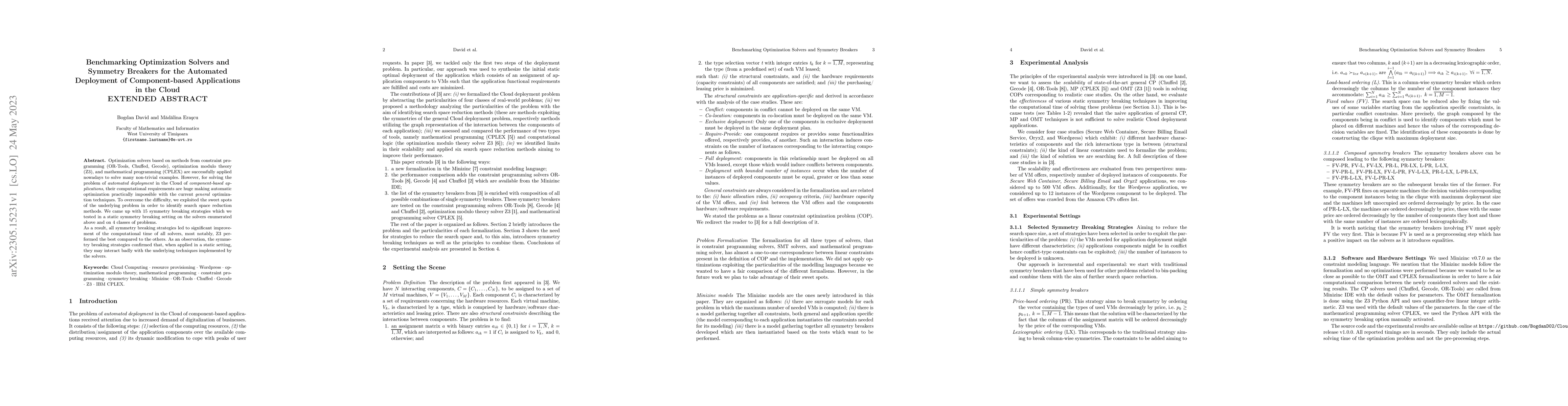 Thumbnail for Benchmarking Optimization Solvers and Symmetry Breakers for the
  Automated Deployment of Component-based Applications in the Cloud (EXTENDED
  ABSTRACT)