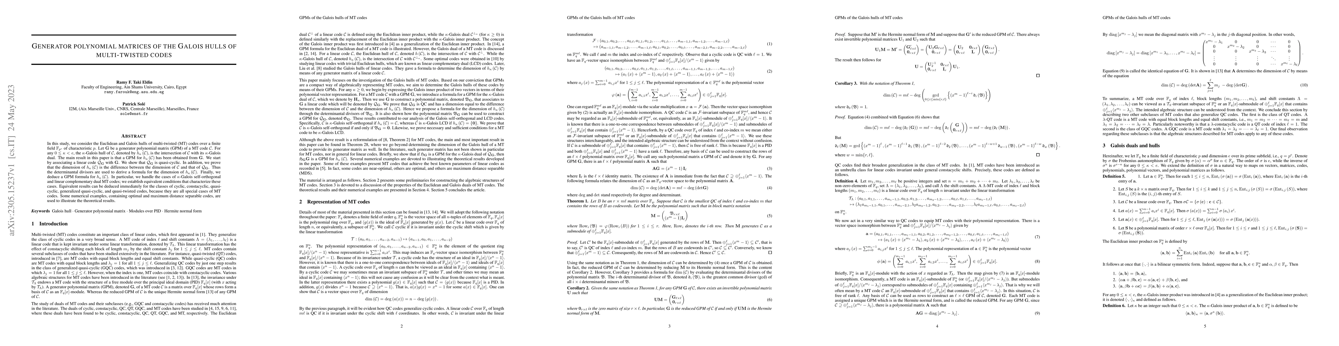 Thumbnail for Generator polynomial matrices of the Galois hulls of multi-twisted codes