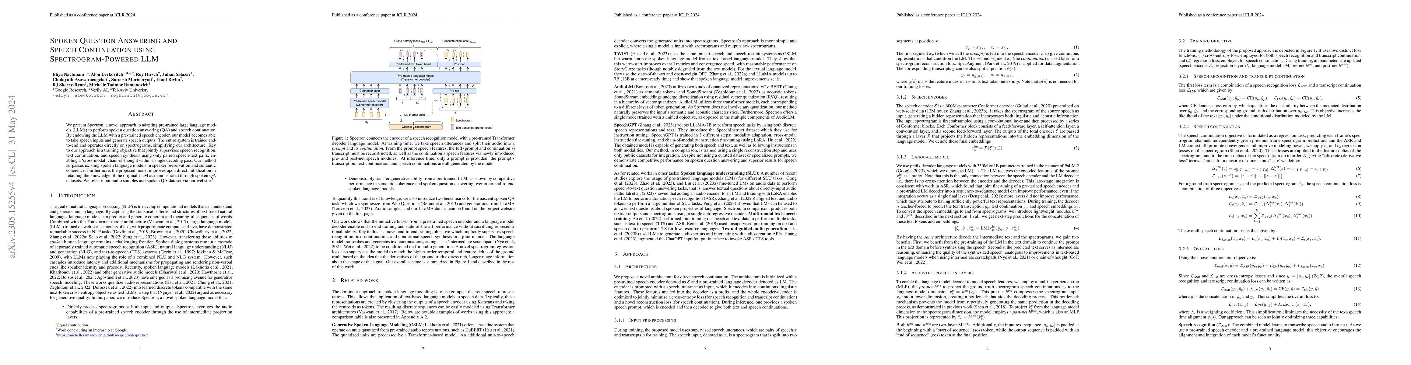 Thumbnail for Spoken Question Answering and Speech Continuation Using
  Spectrogram-Powered LLM