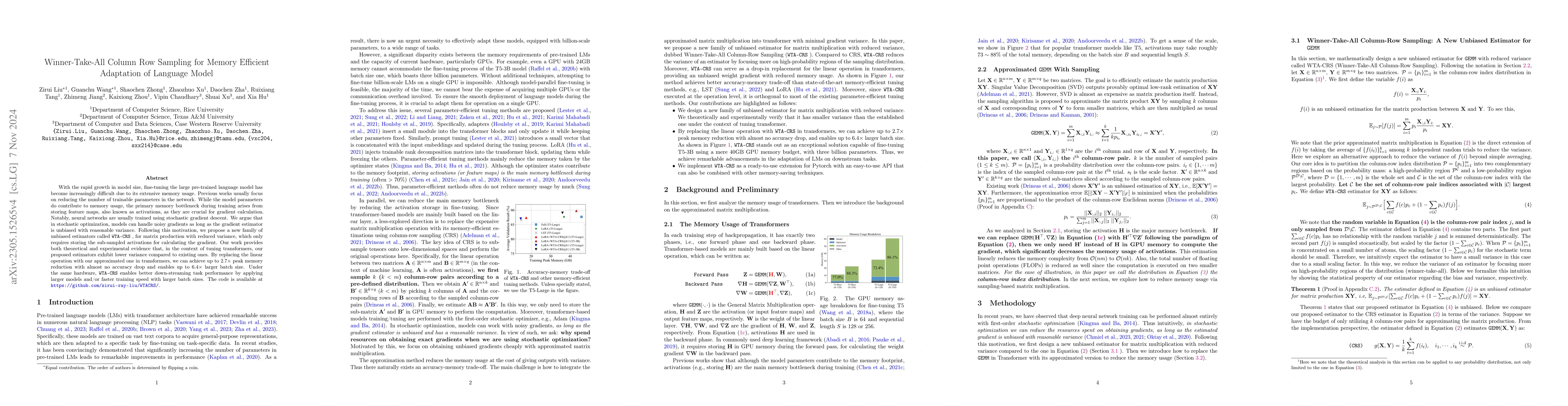 Thumbnail for Winner-Take-All Column Row Sampling for Memory Efficient Adaptation of
  Language Model