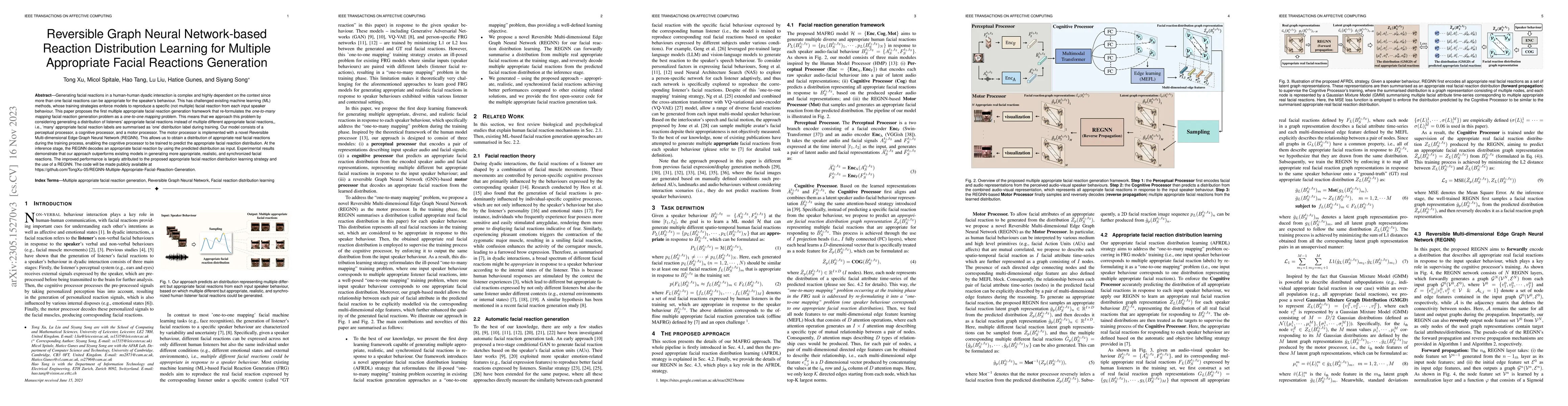 Thumbnail for Reversible Graph Neural Network-based Reaction Distribution Learning for
  Multiple Appropriate Facial Reactions Generation