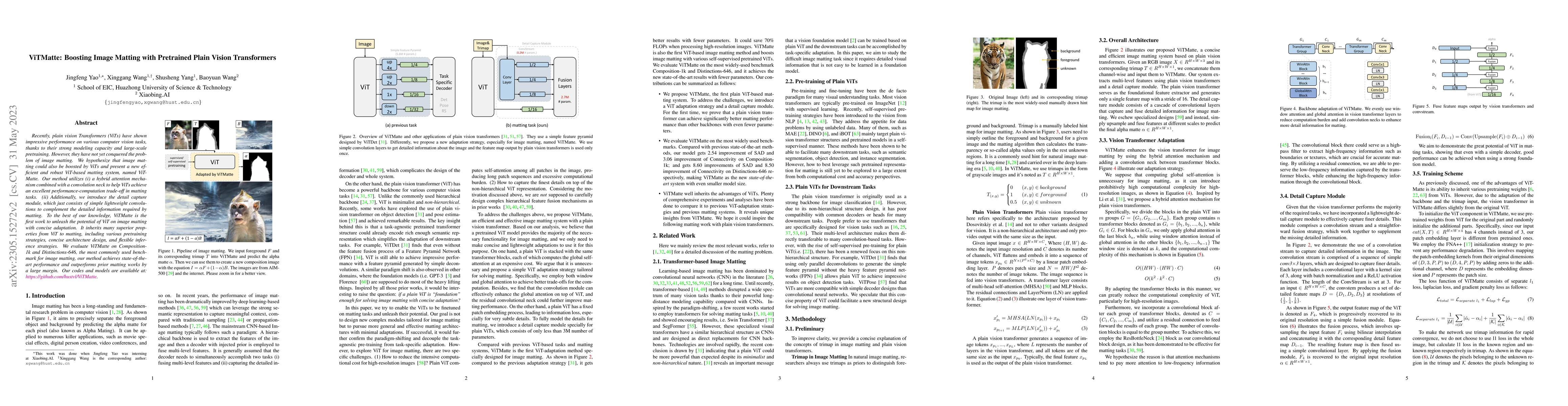 Thumbnail for ViTMatte: Boosting Image Matting with Pretrained Plain Vision
  Transformers