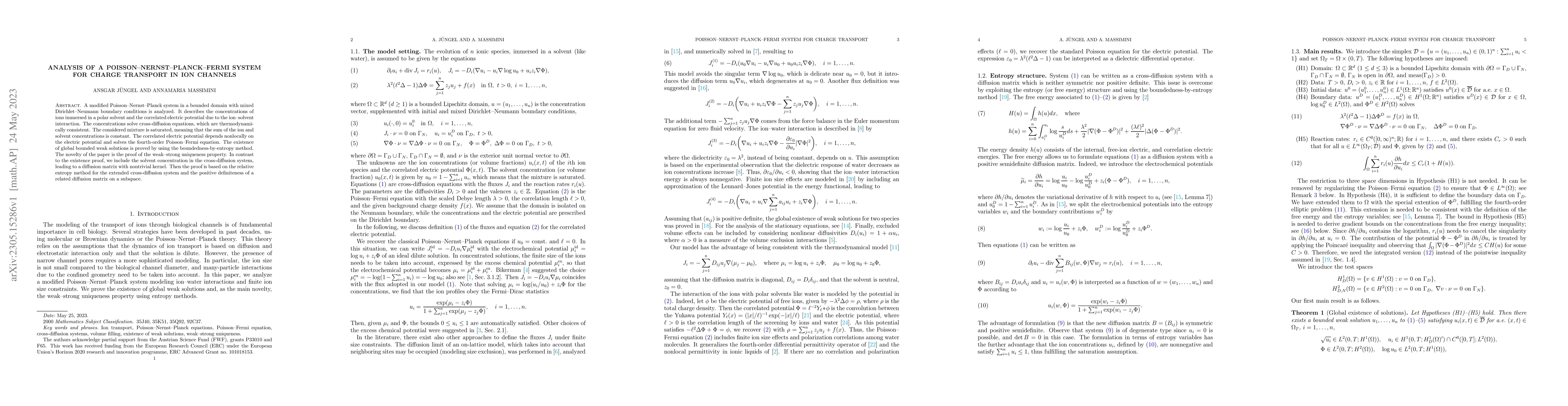 Thumbnail for Analysis of a Poisson-Nernst-Planck-Fermi system for charge transport in
  ion channels