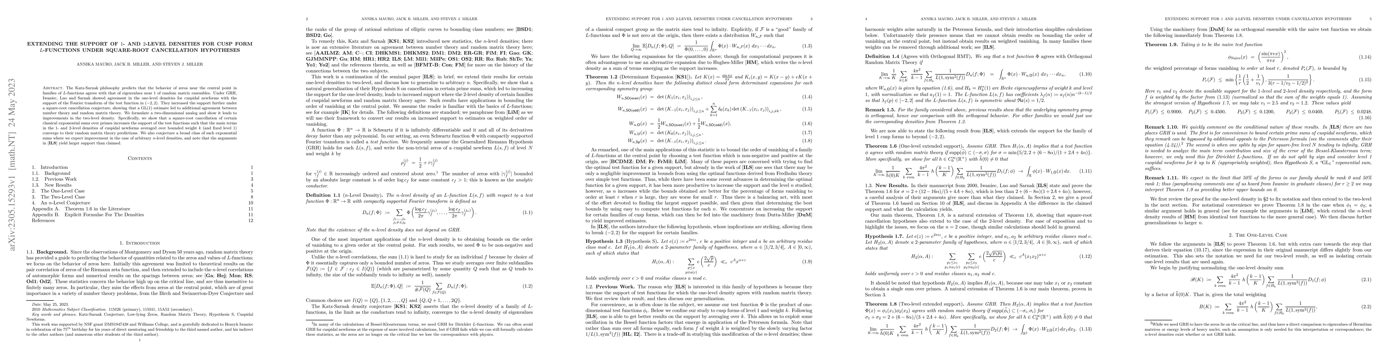 Thumbnail for Extending the support of $1$- and $2$-level densities for cusp form
  $L$-functions under square-root cancellation hypotheses