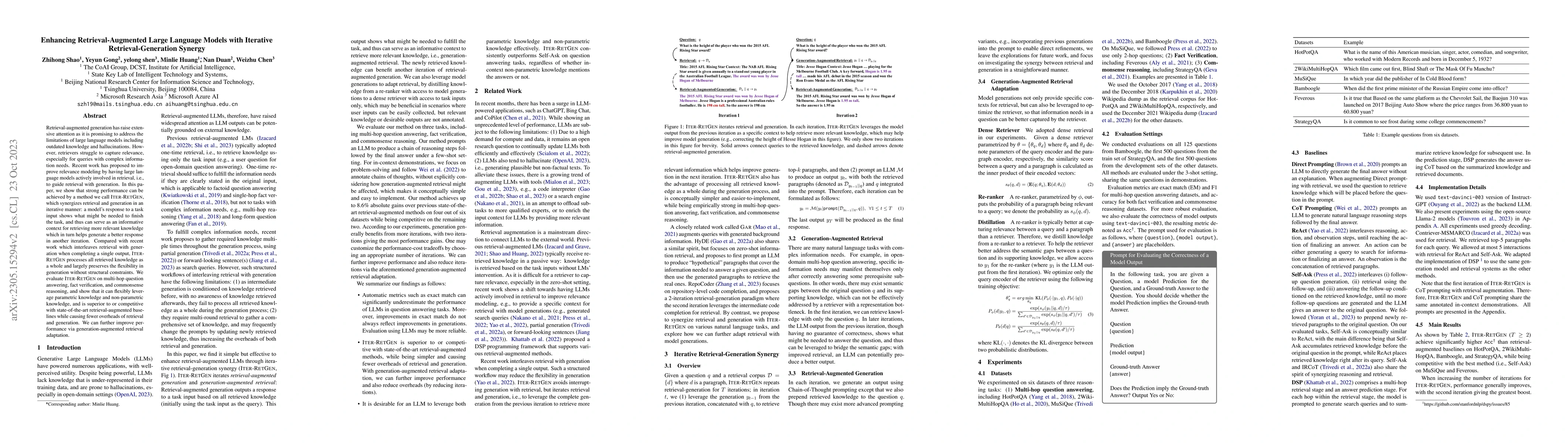 Thumbnail for Enhancing Retrieval-Augmented Large Language Models with Iterative
  Retrieval-Generation Synergy