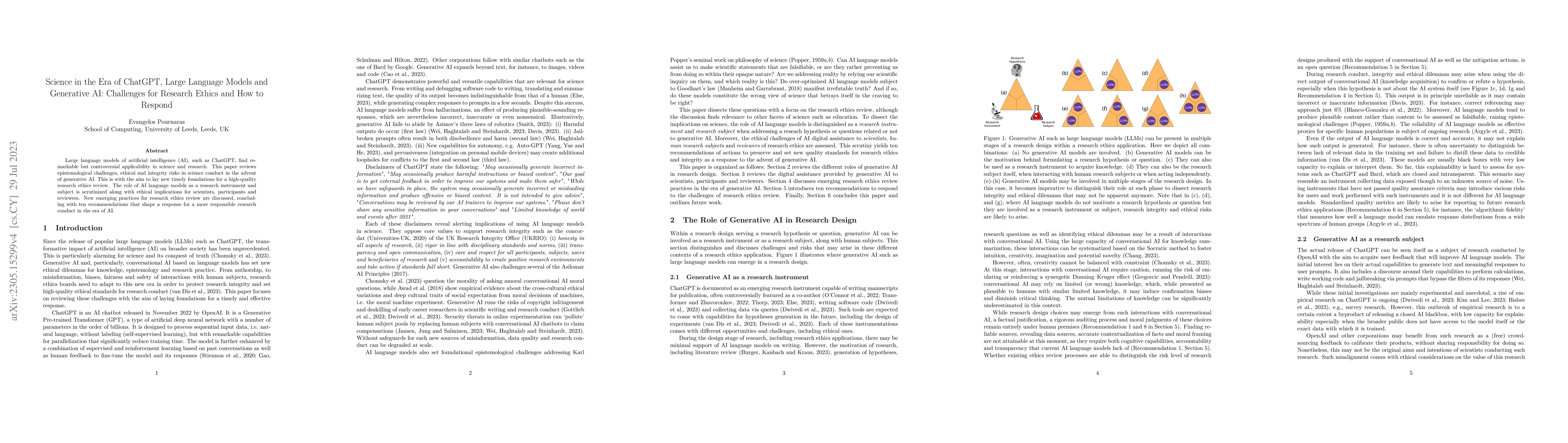 Thumbnail for Science in the Era of ChatGPT, Large Language Models and Generative AI:
  Challenges for Research Ethics and How to Respond