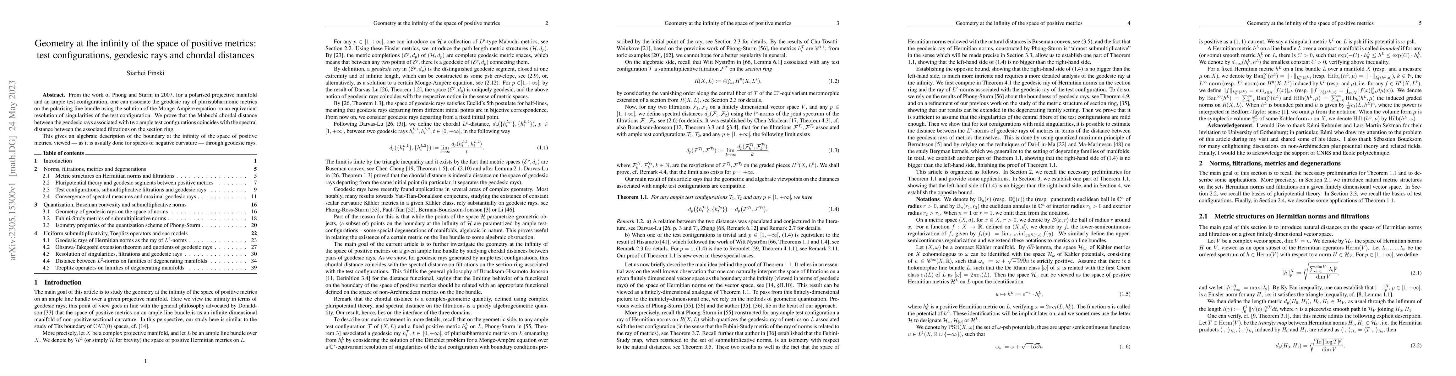 Thumbnail for Geometry at the infinity of the space of positive metrics: test
  configurations, geodesic rays and chordal distances