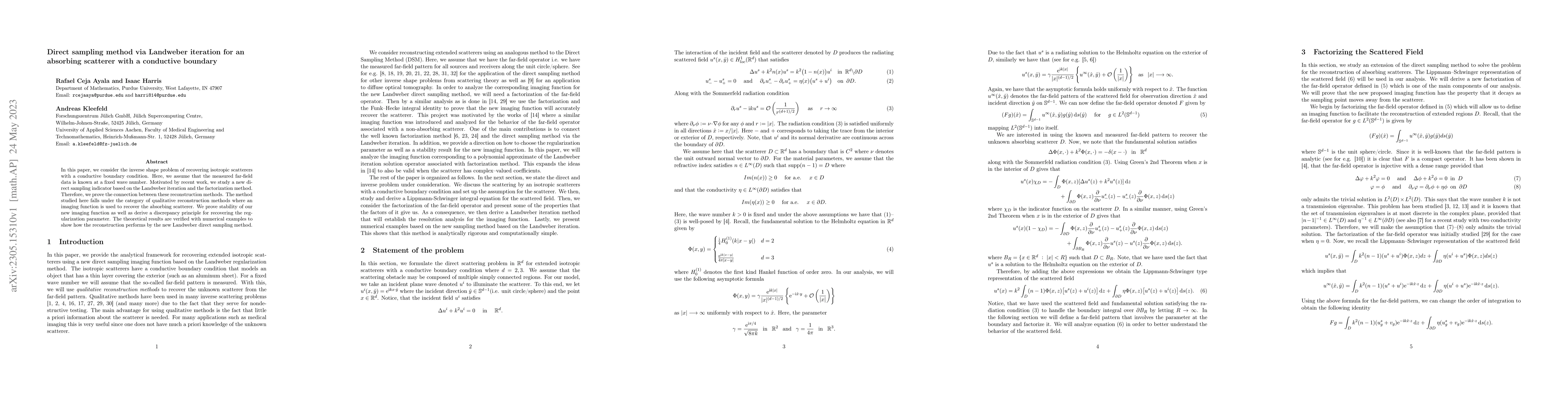 Thumbnail for Direct sampling method via Landweber iteration for an absorbing
  scatterer with a conductive boundary