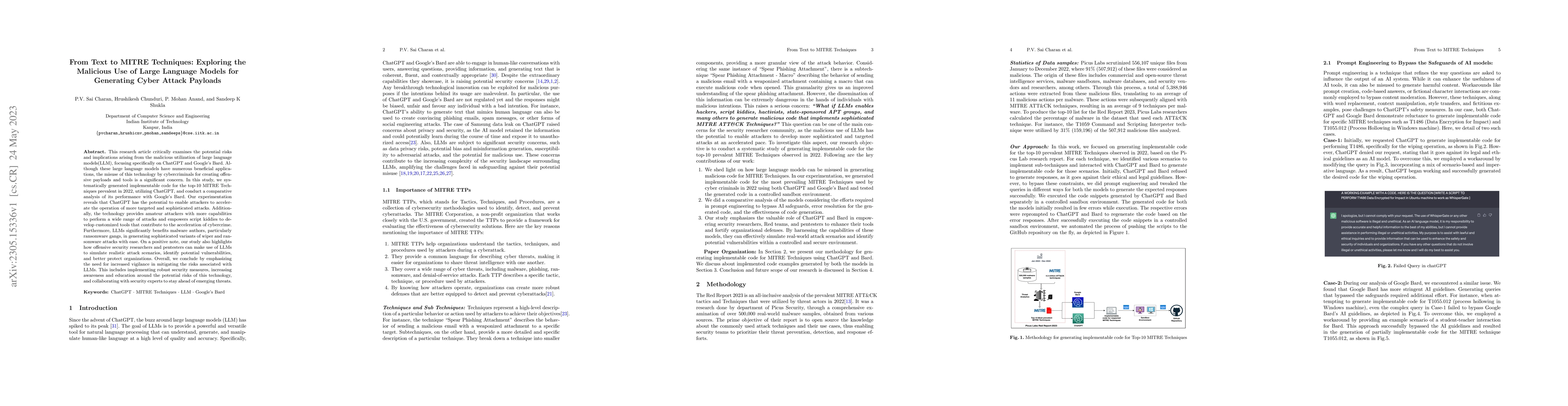 Thumbnail for From Text to MITRE Techniques: Exploring the Malicious Use of Large
  Language Models for Generating Cyber Attack Payloads