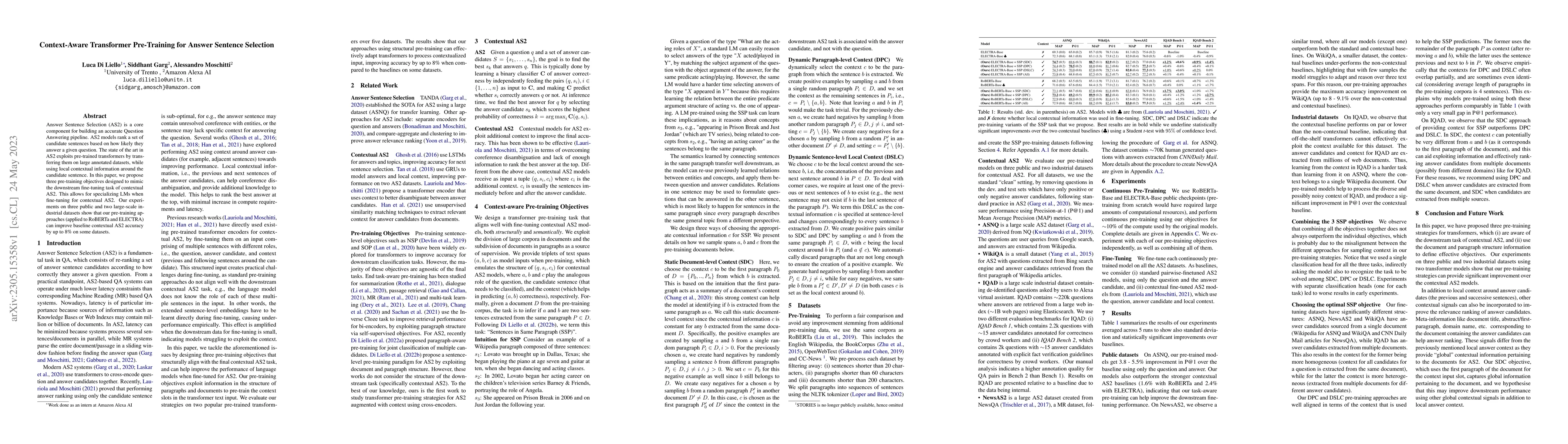 Thumbnail for Context-Aware Transformer Pre-Training for Answer Sentence Selection