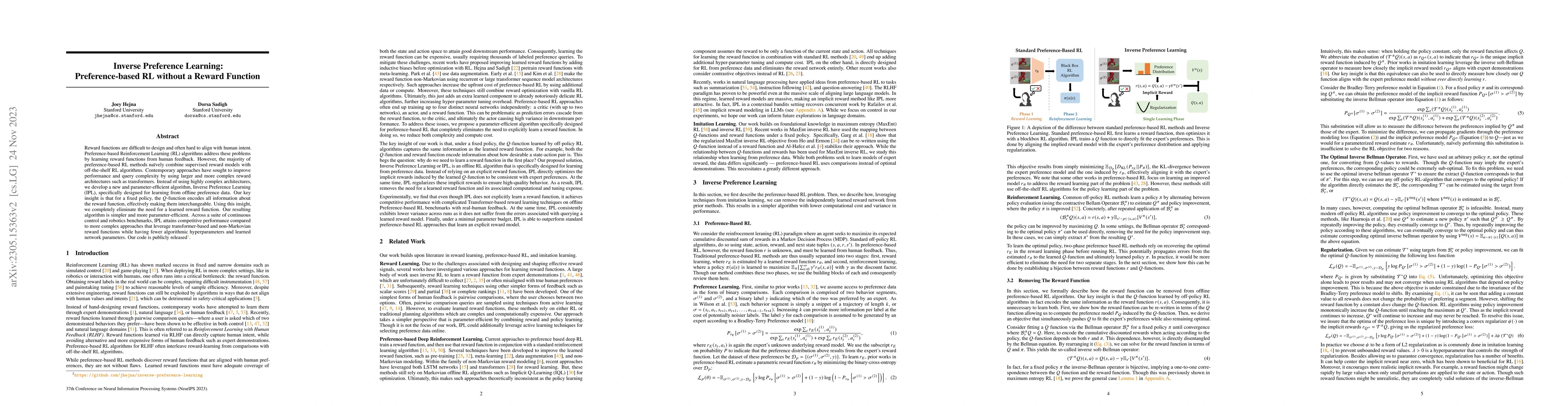 Thumbnail for Inverse Preference Learning: Preference-based RL without a Reward
  Function