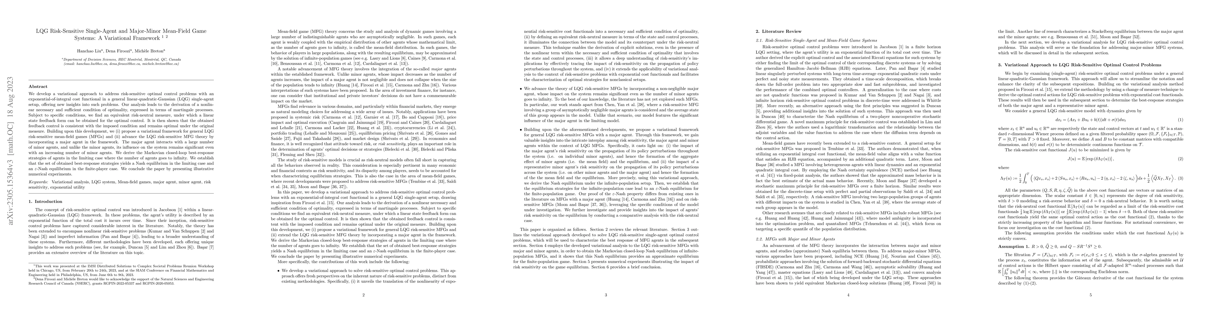 Thumbnail for LQG Risk-Sensitive Single-Agent and Major-Minor Mean Field Game Systems:
  A Variational Framework