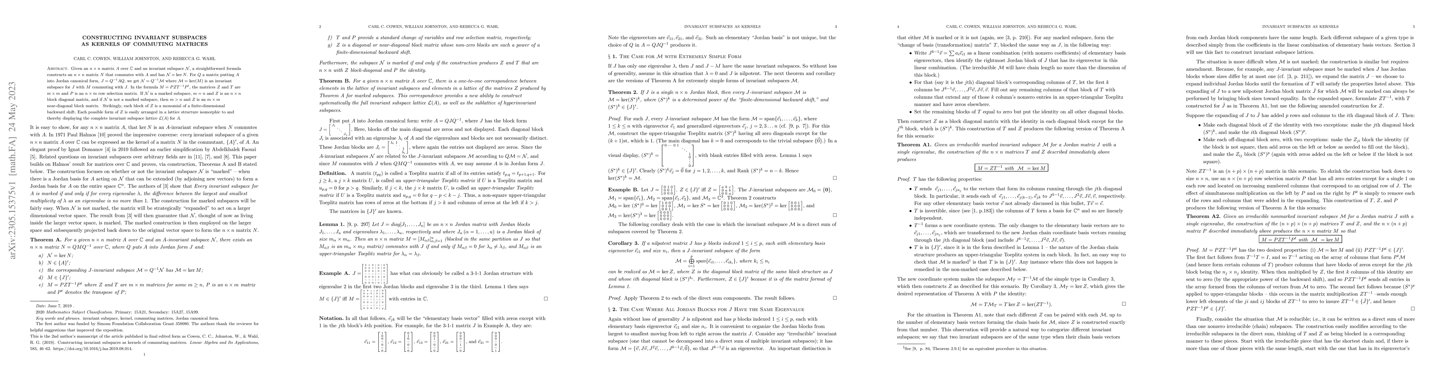 Thumbnail for Constructing Invariant Subspaces as Kernels of Commuting Matrices