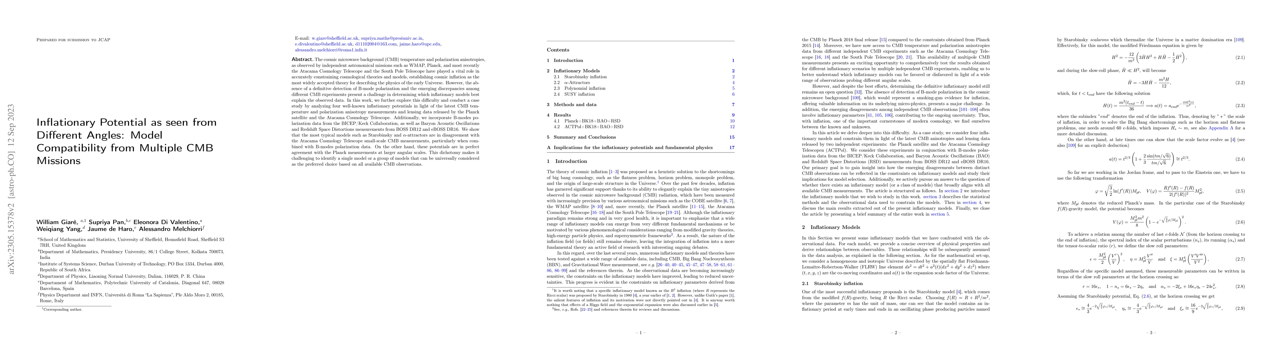 Thumbnail for Inflationary Potential as seen from Different Angles: Model
  Compatibility from Multiple CMB Missions