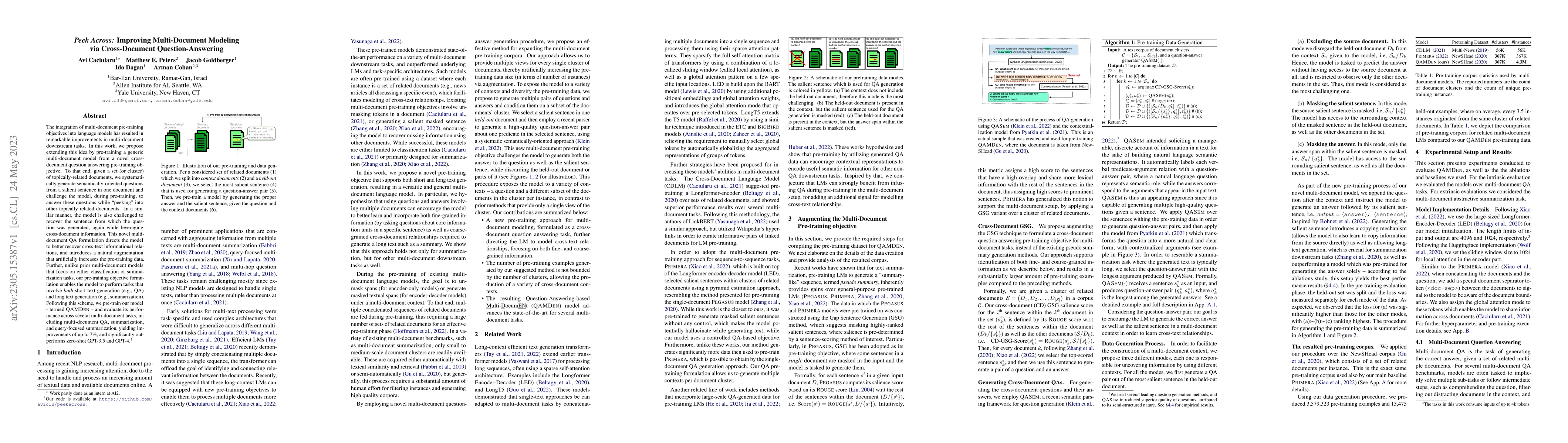 Thumbnail for Peek Across: Improving Multi-Document Modeling via Cross-Document
  Question-Answering