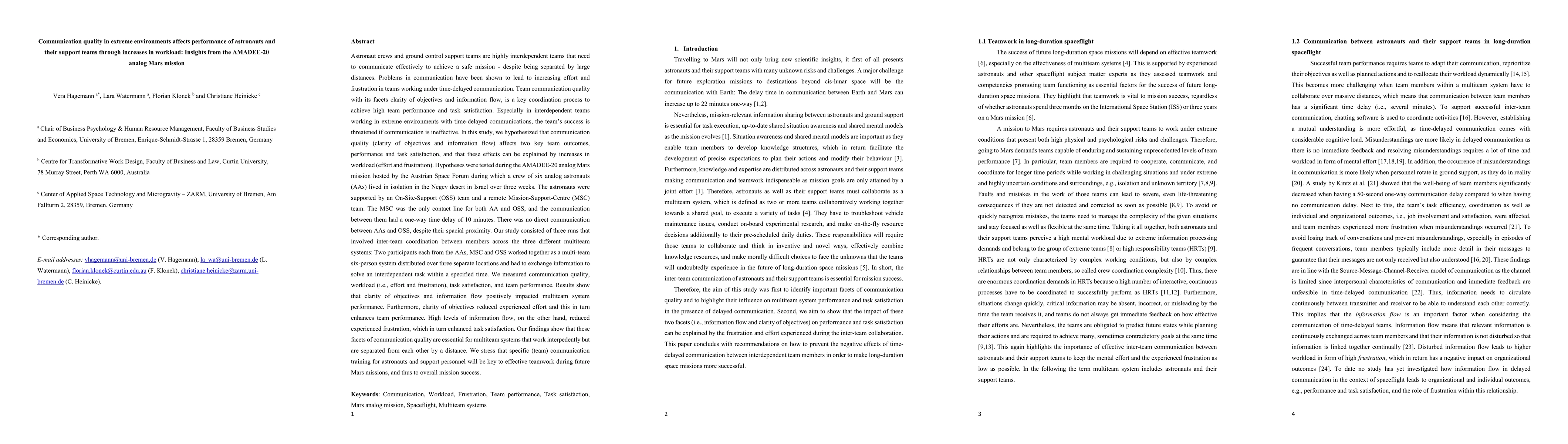 Thumbnail for Communication quality in extreme environments affects performance of
  astronauts and their support teams through increases in workload: Insights
  from the AMADEE-20 analog Mars mission