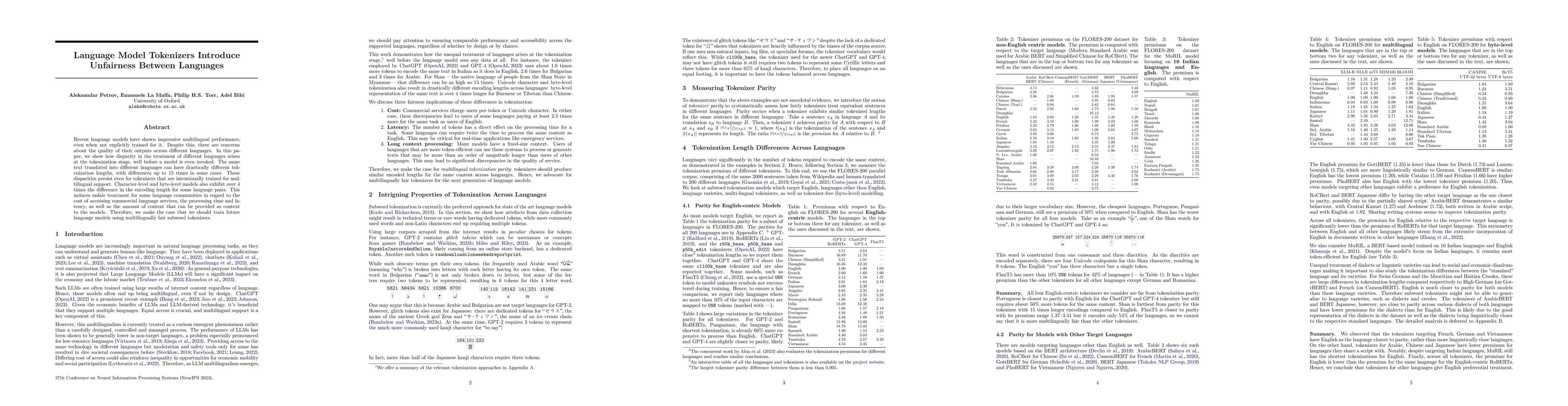 Thumbnail for Language Model Tokenizers Introduce Unfairness Between Languages