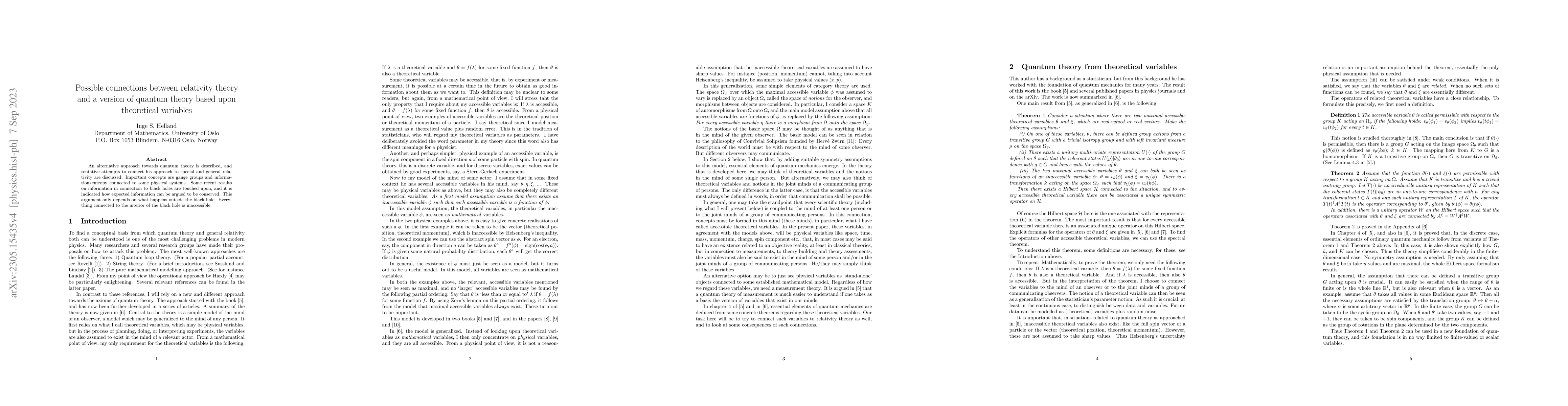 Thumbnail for Possible connections between relativity theory and a version of quantum
  theory based upon theoretical variables