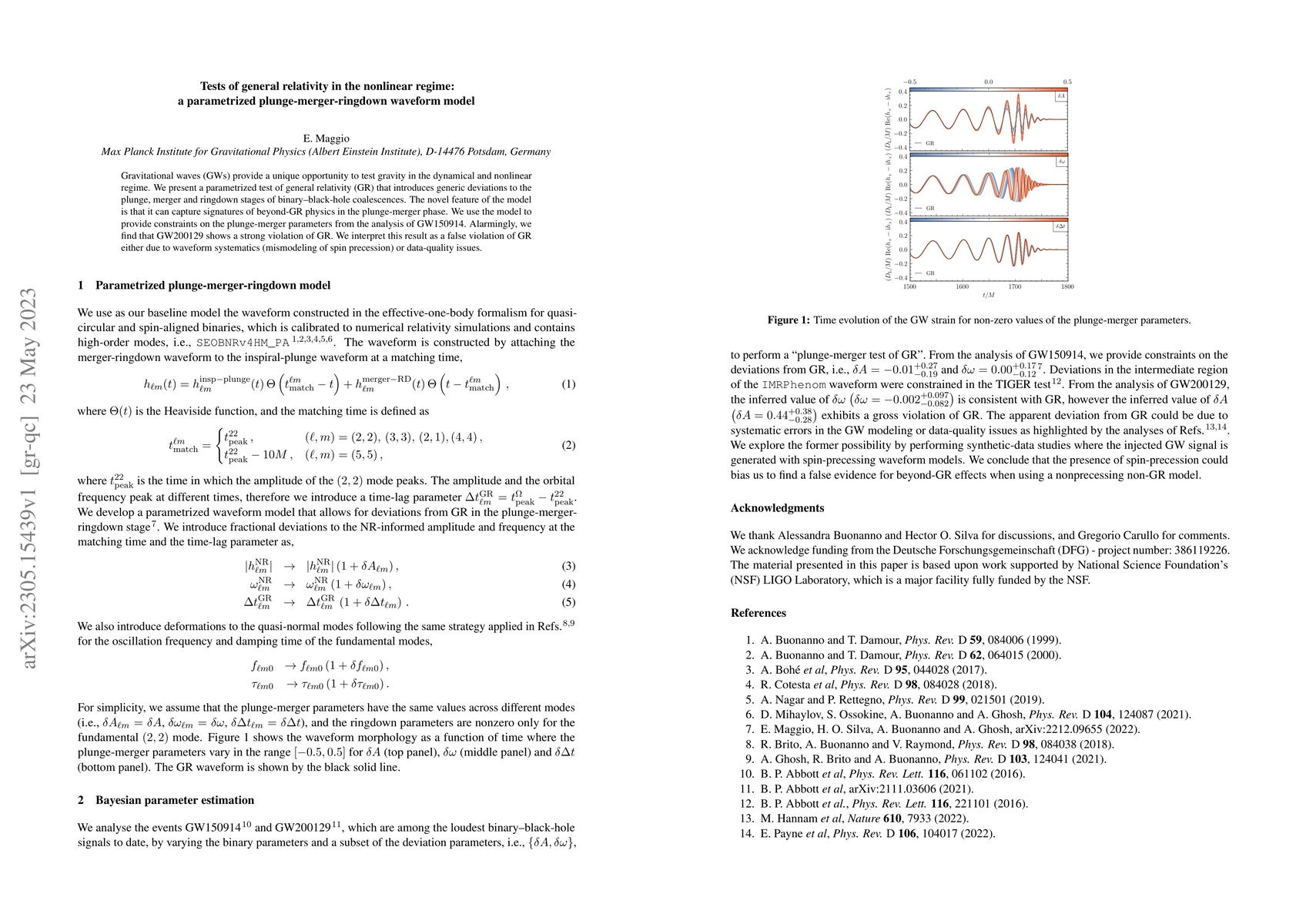 Thumbnail for Tests of general relativity in the nonlinear regime: a parametrized
  plunge-merger-ringdown waveform model