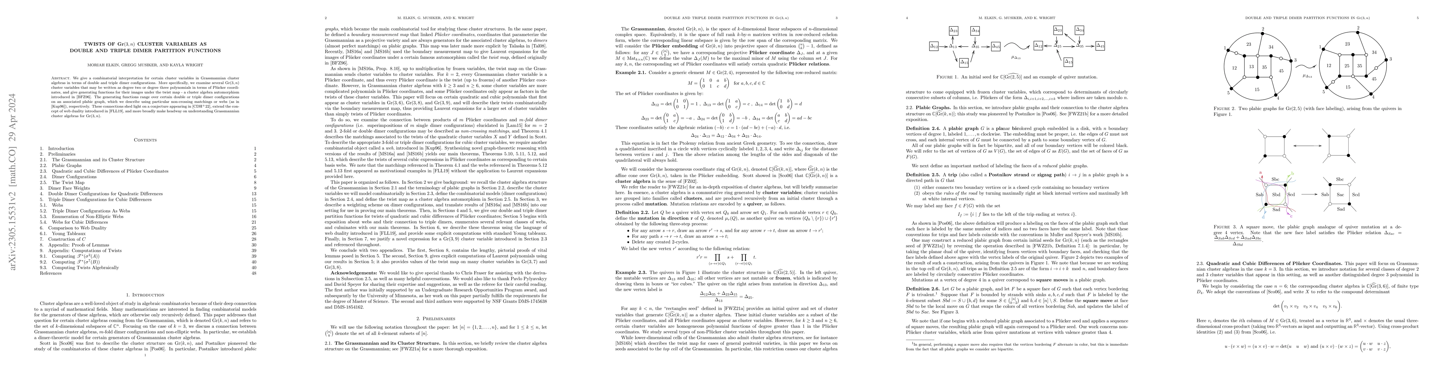 Thumbnail for Twists of Gr(3,n) Cluster Variables as Double and Triple Dimer Partition
  Functions