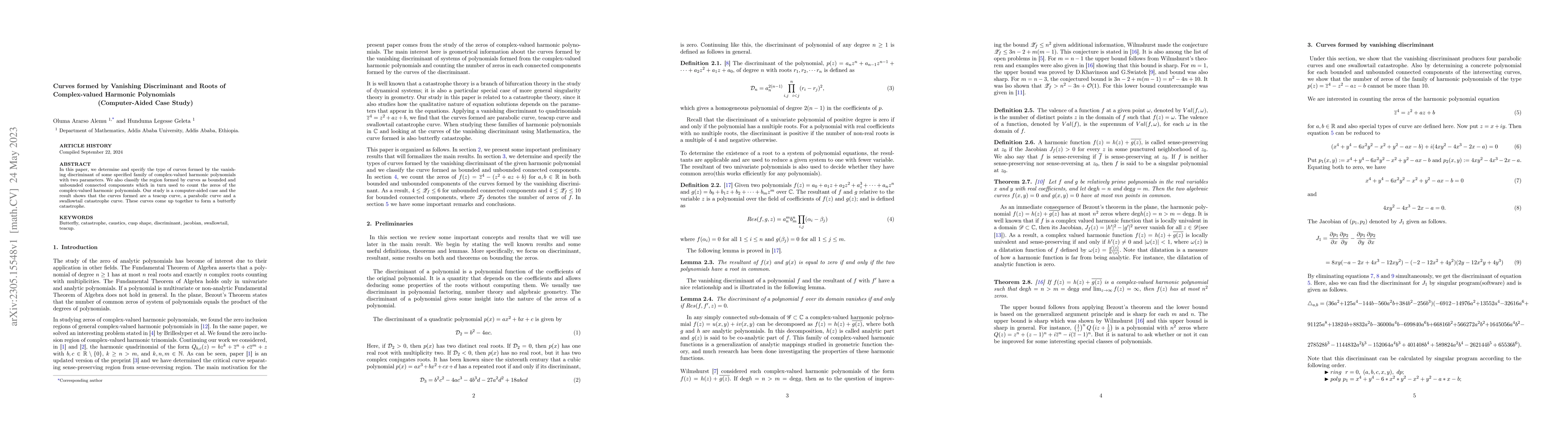Thumbnail for Curves formed by Vanishing Discriminant and Roots of Complex-valued
  Harmonic Polynomials (Computer-Aided Case Study)