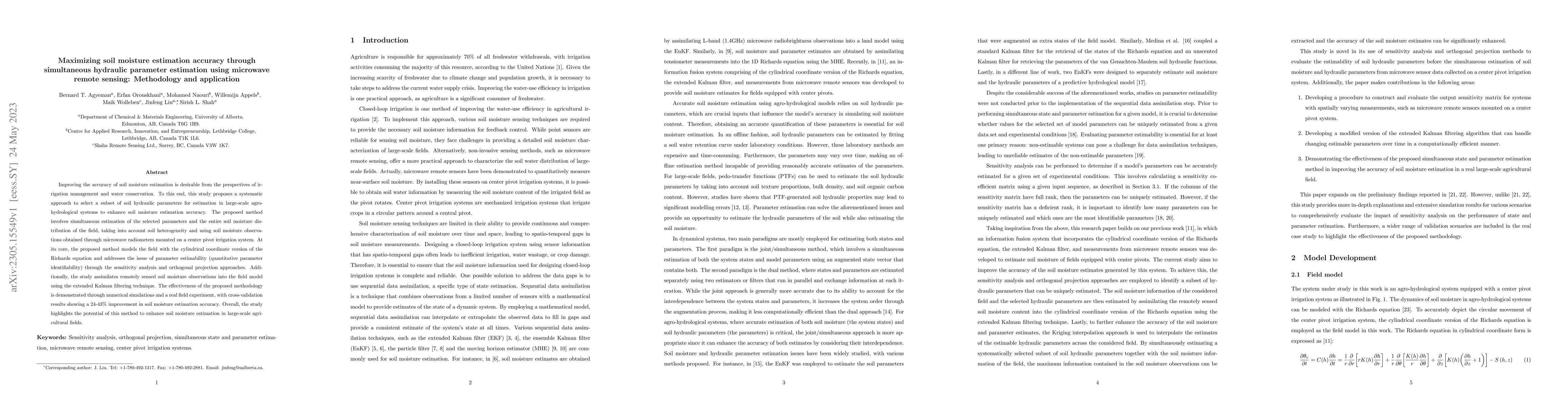 Thumbnail for Maximizing soil moisture estimation accuracy through simultaneous
  hydraulic parameter estimation using microwave remote sensing: Methodology
  and application