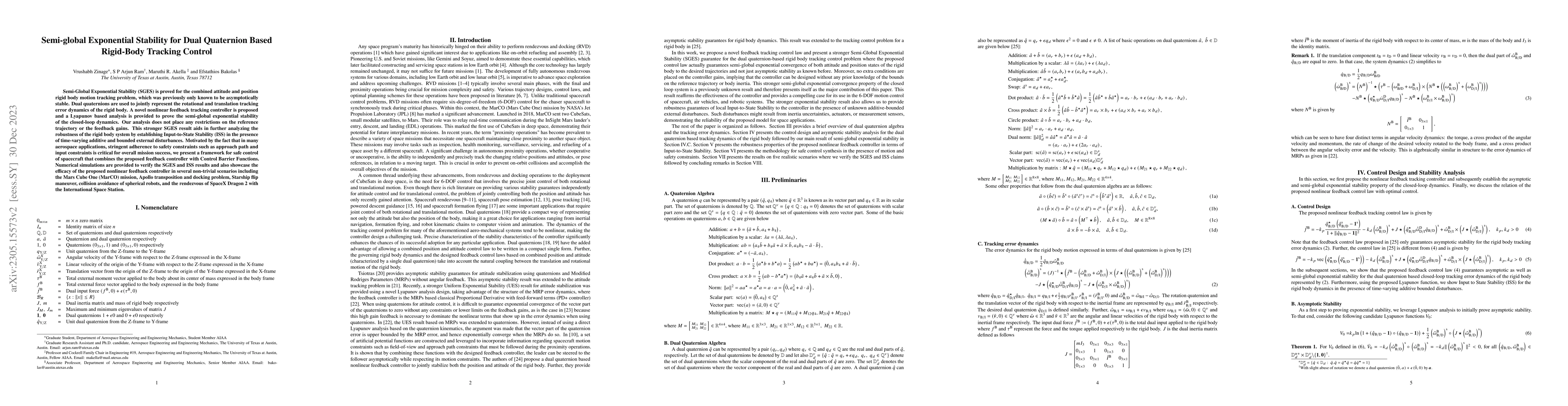 Thumbnail for Semi-global Exponential Stability for Dual Quaternion Based Rigid-Body
  Tracking Control