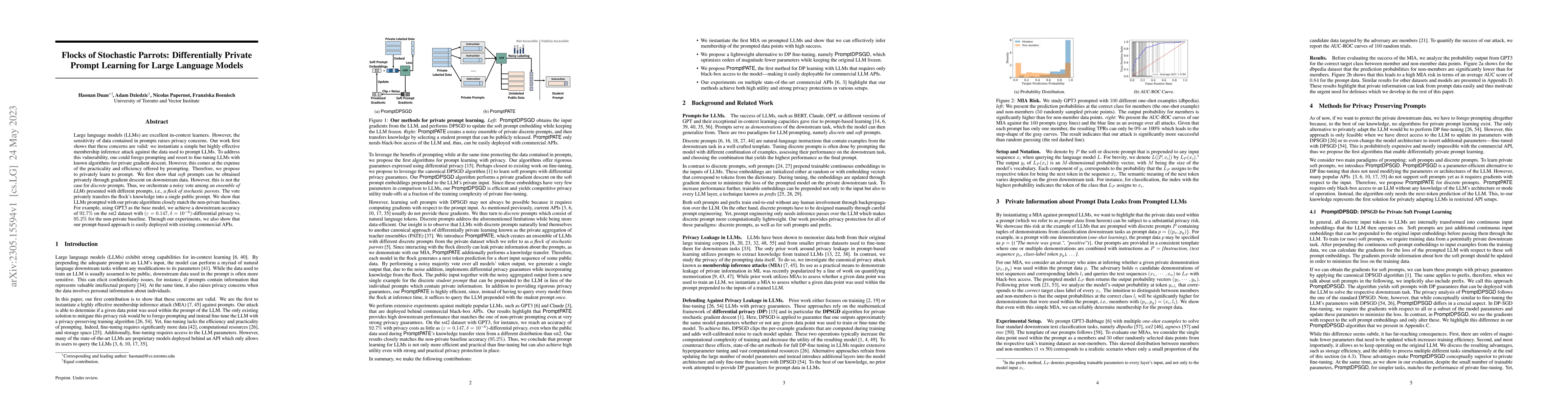 Thumbnail for Flocks of Stochastic Parrots: Differentially Private Prompt Learning for
  Large Language Models