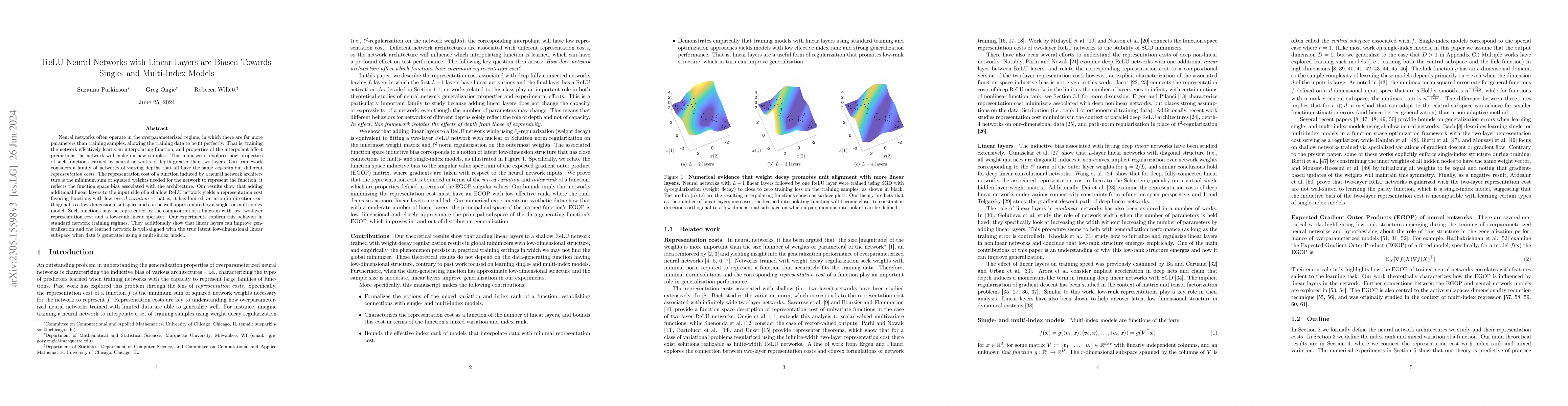 Thumbnail for ReLU Neural Networks with Linear Layers are Biased Towards Single- and
  Multi-Index Models