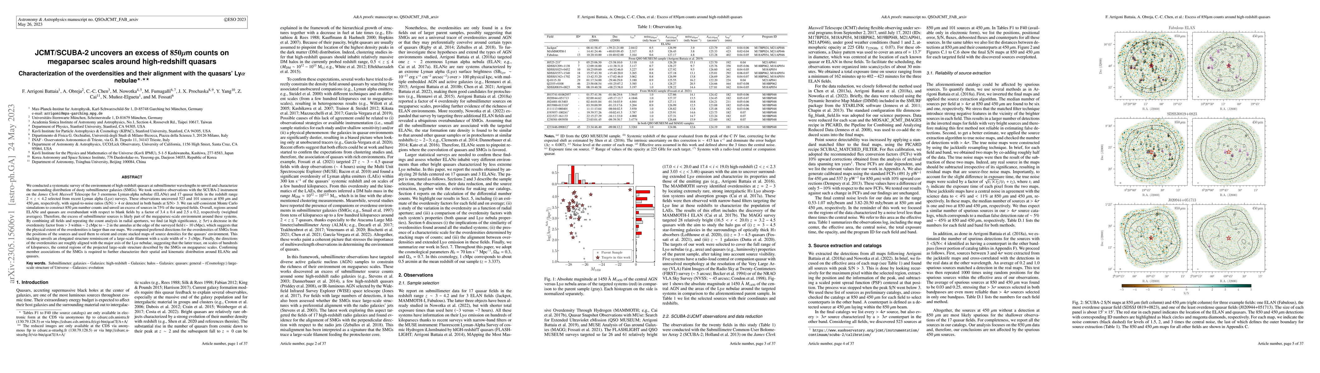 Thumbnail for JCMT/SCUBA-2 uncovers an excess of $850\mu$m counts on megaparsec scales
  around high-redshift quasars. Characterization of the overdensities and their
  alignment with the quasars' Ly$\alpha$ nebulae