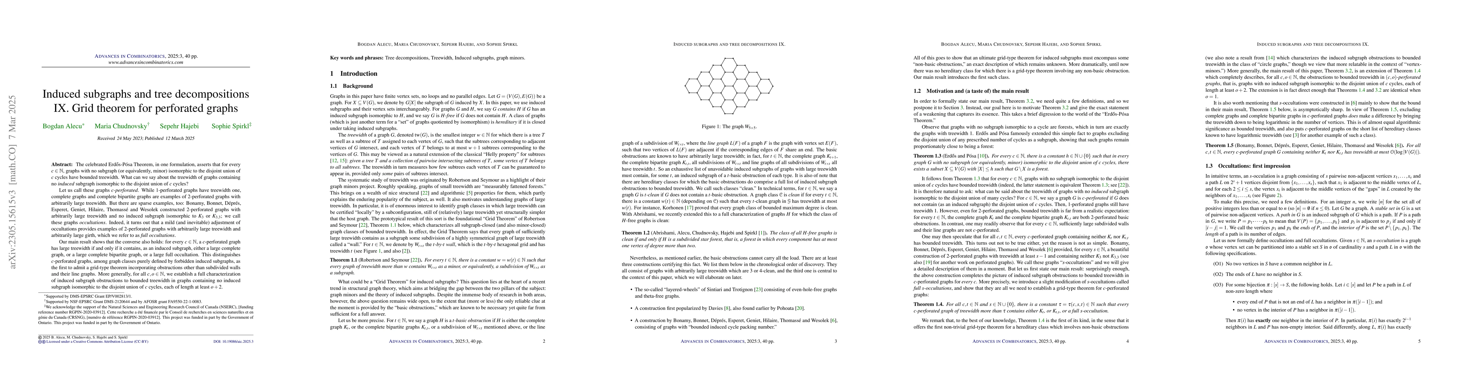 Thumbnail for Induced subgraphs and tree decompositions IX. Grid theorem for
  perforated graphs