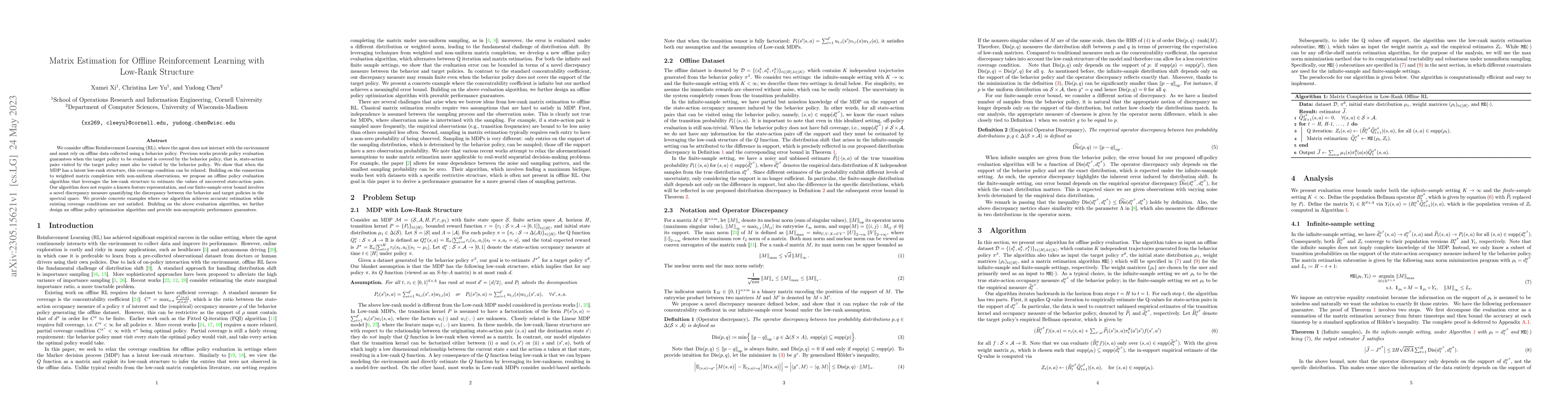Thumbnail for Matrix Estimation for Offline Reinforcement Learning with Low-Rank
  Structure
