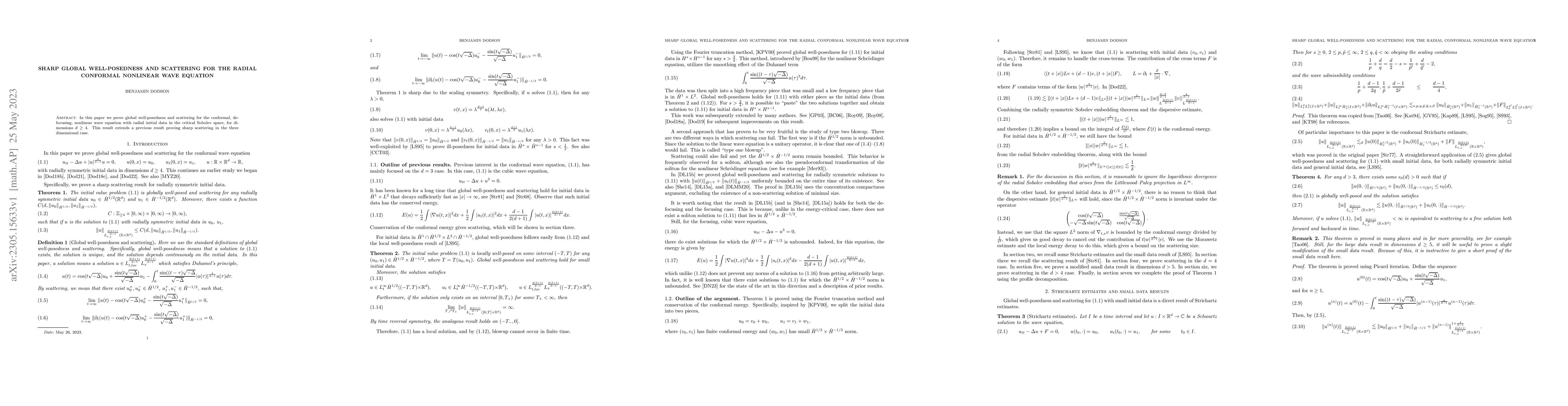 Thumbnail for Sharp Global well-posedness and scattering for the radial conformal
  nonlinear wave equation