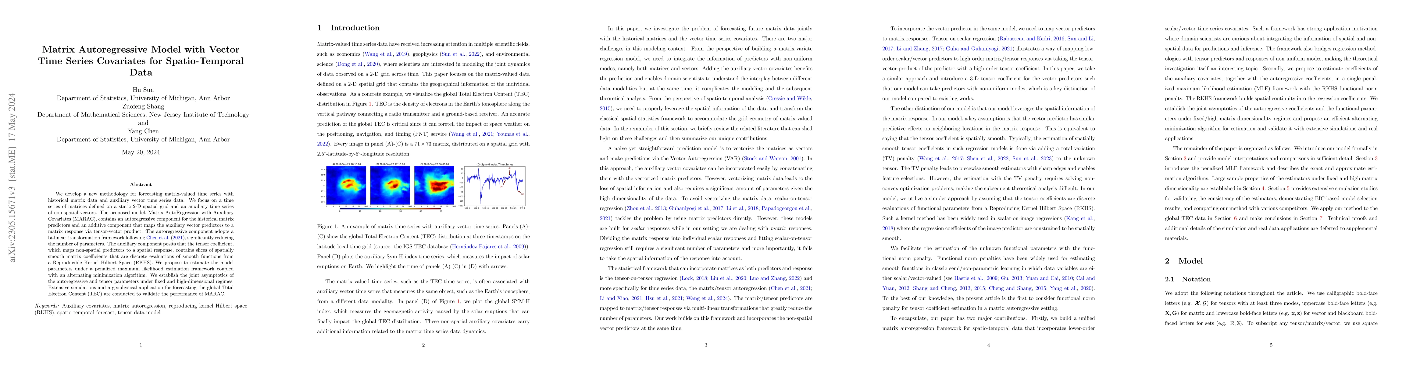 Thumbnail for Matrix Autoregressive Model with Vector Time Series Covariates for
  Spatio-Temporal Data