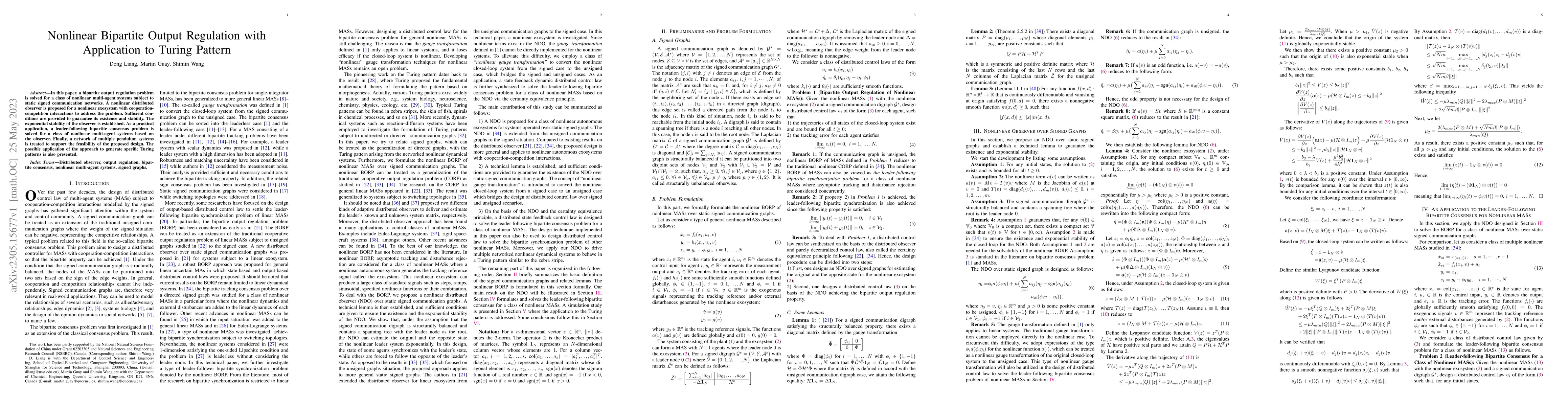 Thumbnail for Nonlinear Bipartite Output Regulation with Application to Turing Pattern