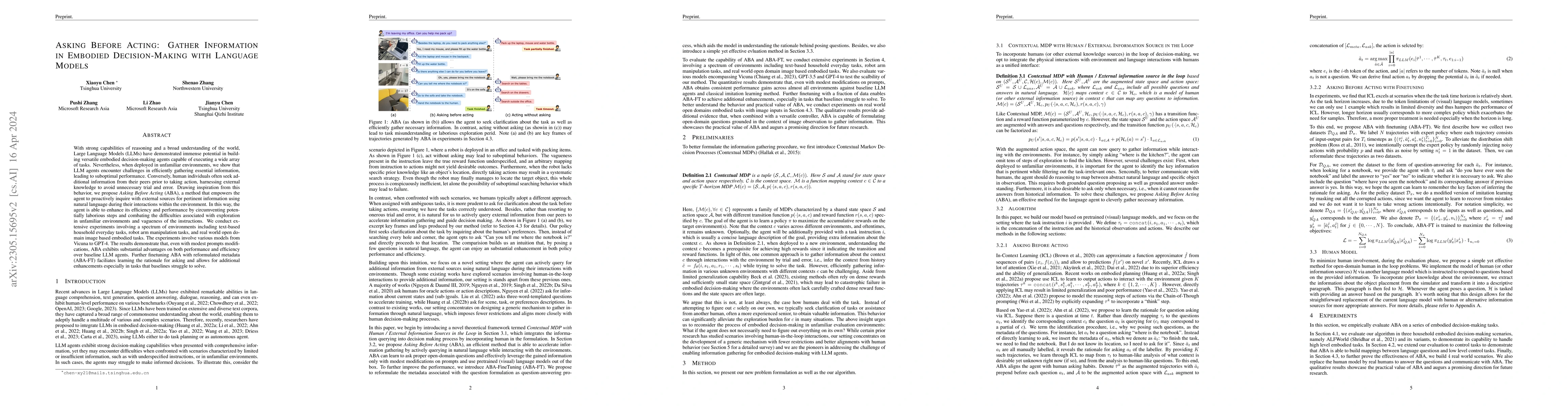 Thumbnail for Asking Before Acting: Gather Information in Embodied Decision Making
  with Language Models