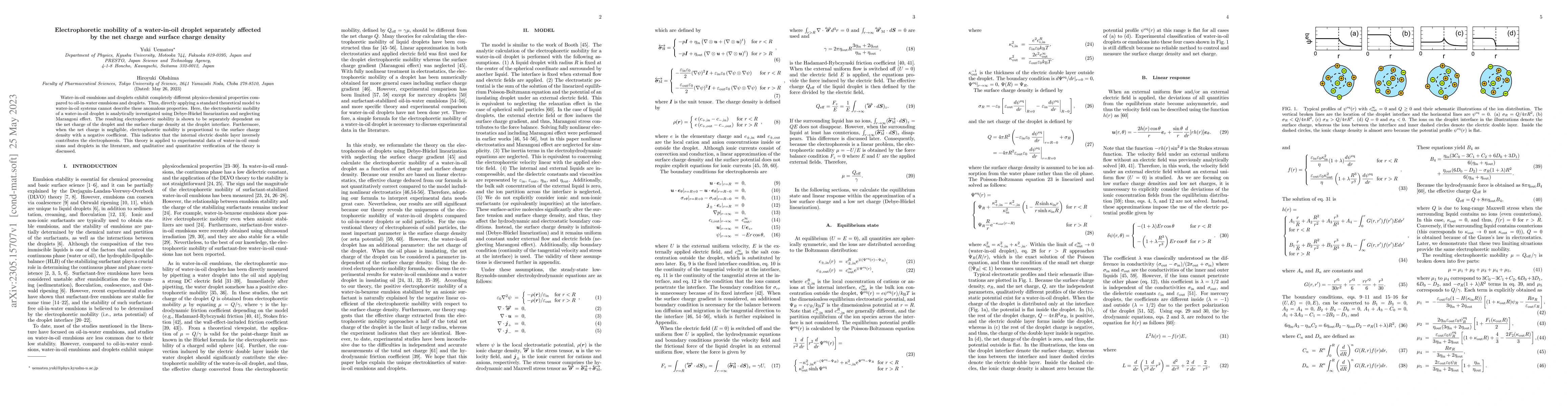 Thumbnail for Electrophoretic mobility of a water-in-oil droplet separately affected
  by the net charge and surface charge density
