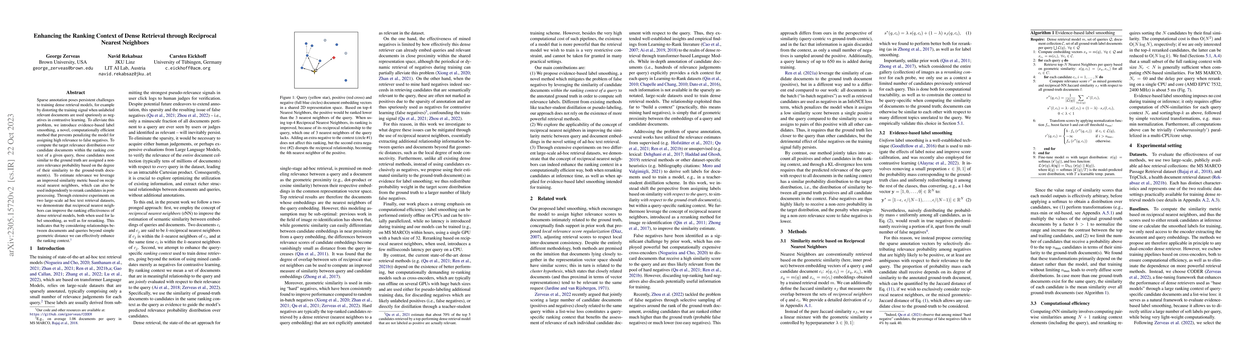 Thumbnail for Enhancing the Ranking Context of Dense Retrieval Methods through
  Reciprocal Nearest Neighbors