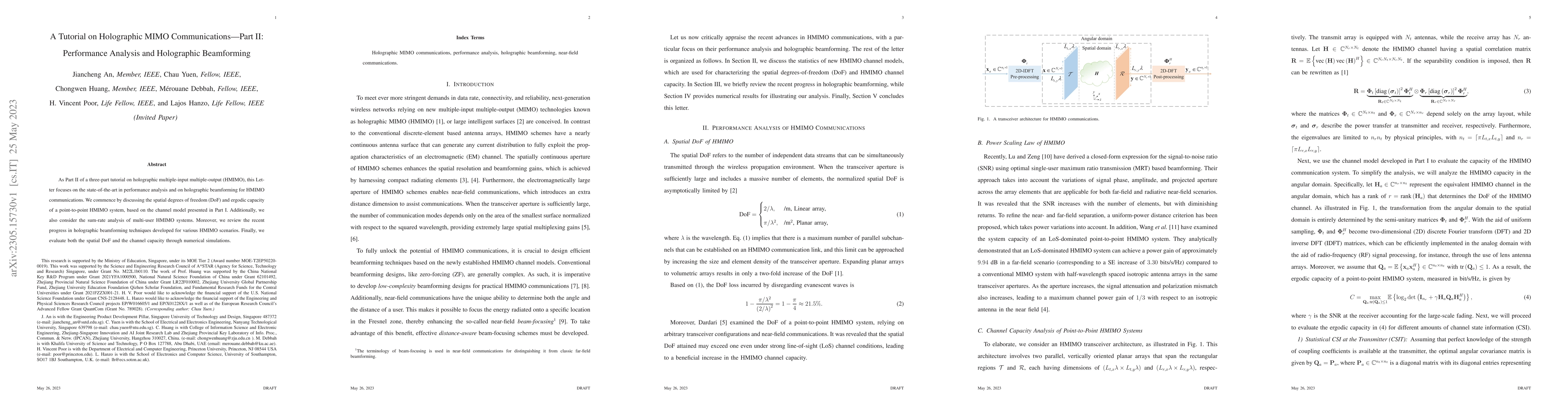 Thumbnail for A Tutorial on Holographic MIMO Communications--Part II: Performance
  Analysis and Holographic Beamforming
