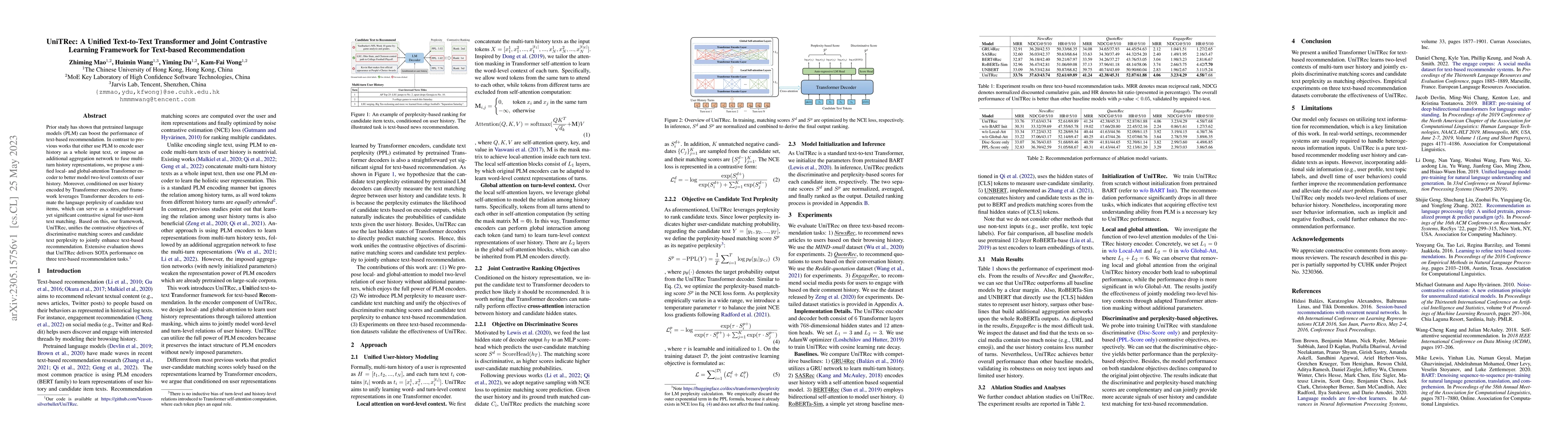 Thumbnail for UniTRec: A Unified Text-to-Text Transformer and Joint Contrastive
  Learning Framework for Text-based Recommendation