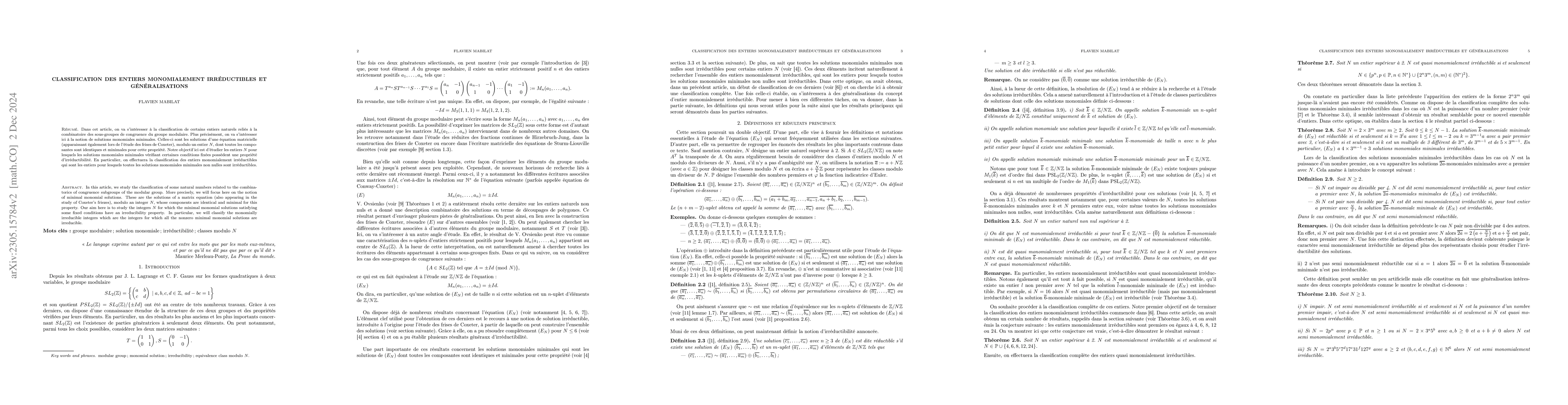 Thumbnail for Classification des entiers monomialement irr{\'e}ductibles et
  g{\'e}n{\'e}ralisations