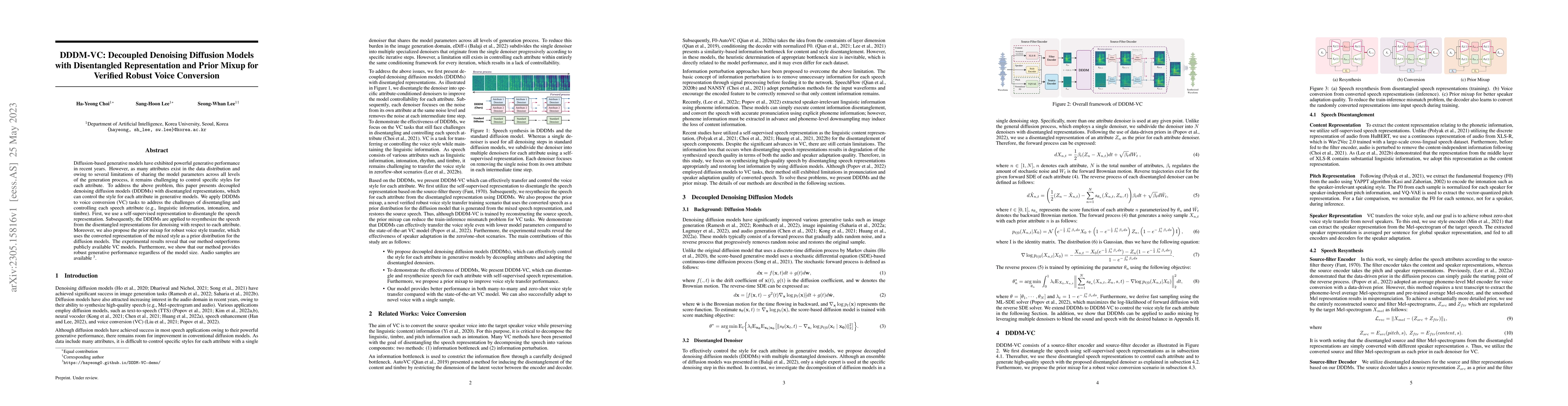 Thumbnail for DDDM-VC: Decoupled Denoising Diffusion Models with Disentangled
  Representation and Prior Mixup for Verified Robust Voice Conversion