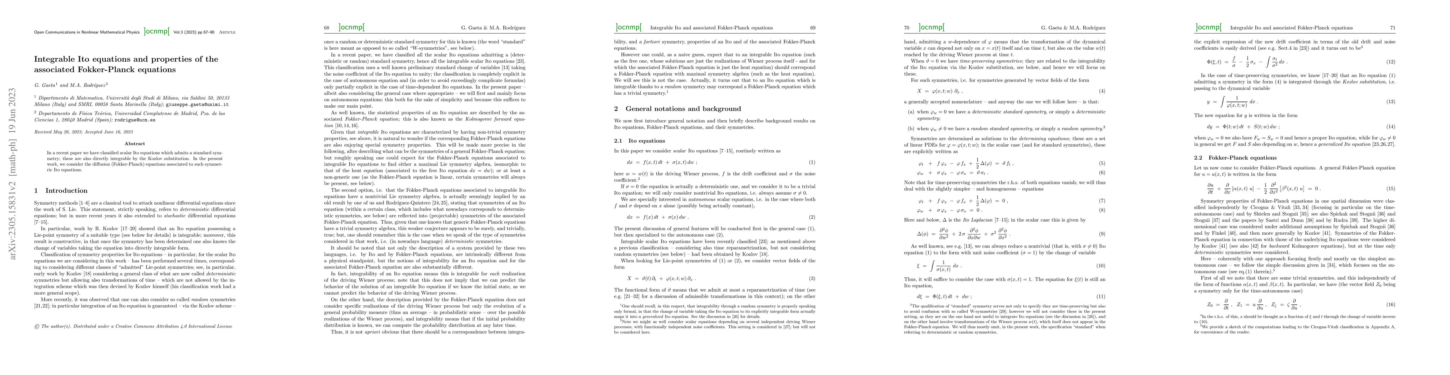 Thumbnail for Integrable Ito equations and properties of the associated Fokker-Planck
  equations