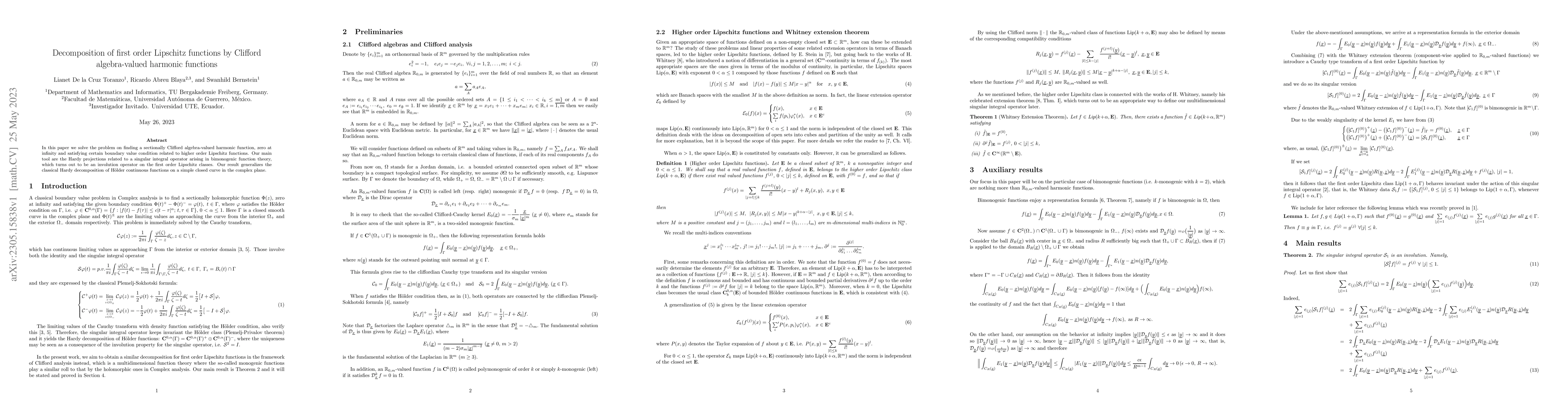 Thumbnail for Decomposition of first order Lipschitz functions by Clifford
  algebra-valued harmonic functions