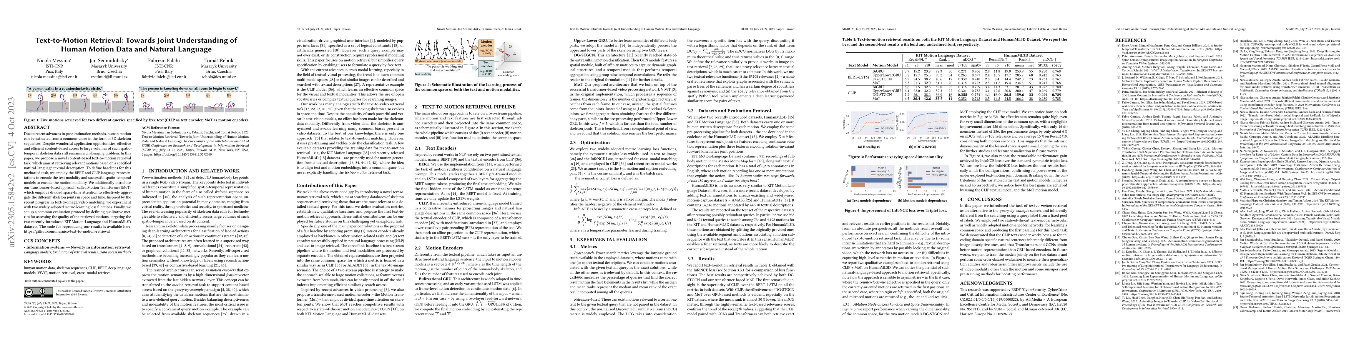 Thumbnail for Text-to-Motion Retrieval: Towards Joint Understanding of Human Motion
  Data and Natural Language